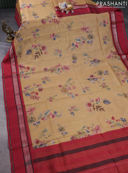 Maheshwari silk cotton saree sandal and maroon with allover floral digital prints and rettapet thread woven border