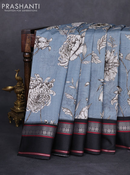 Maheshwari silk cotton saree grey and black with allover floral digital prints and rettapet thread woven border