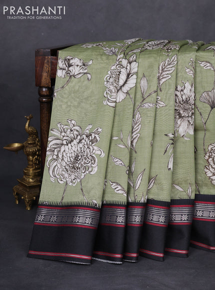 Maheshwari silk cotton saree pastel green and black with allover floral digital prints and rettapet thread woven border