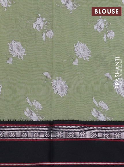 Maheshwari silk cotton saree pastel green and black with allover floral digital prints and rettapet thread woven border