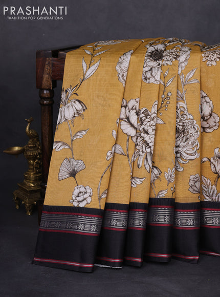 Maheshwari silk cotton saree mustard yellow and black with allover floral digital prints and rettapet thread woven border