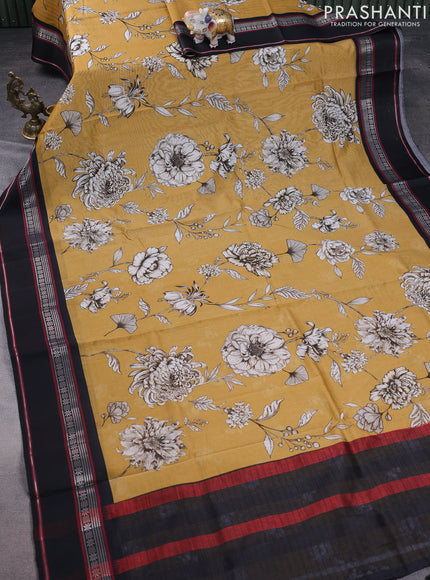 Maheshwari silk cotton saree mustard yellow and black with allover floral digital prints and rettapet thread woven border