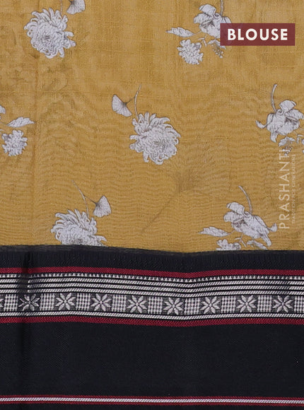 Maheshwari silk cotton saree mustard yellow and black with allover floral digital prints and rettapet thread woven border