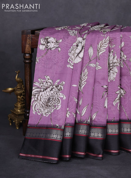 Maheshwari silk cotton saree purple and black with allover floral digital prints and rettapet thread woven border
