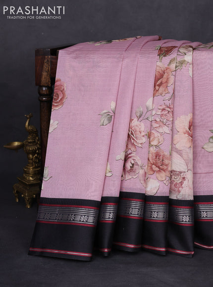 Maheshwari silk cotton saree pastel pink and black with allover floral digital prints and rettapet thread woven border