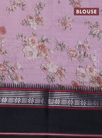 Maheshwari silk cotton saree pastel pink and black with allover floral digital prints and rettapet thread woven border