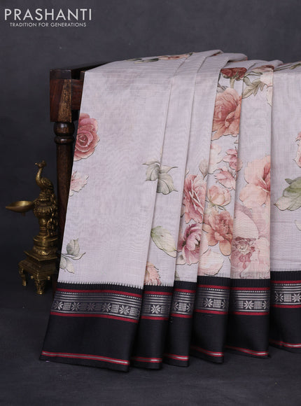 Maheshwari silk cotton saree pastel grey and black with allover floral digital prints and rettapet thread woven border