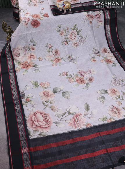 Maheshwari silk cotton saree pastel grey and black with allover floral digital prints and rettapet thread woven border