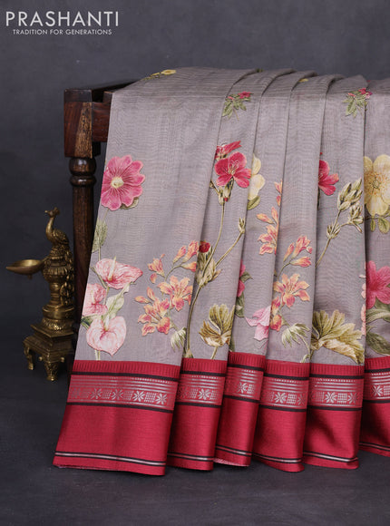 Maheshwari silk cotton saree grey and maroon with allover floral digital prints and rettapet thread woven border