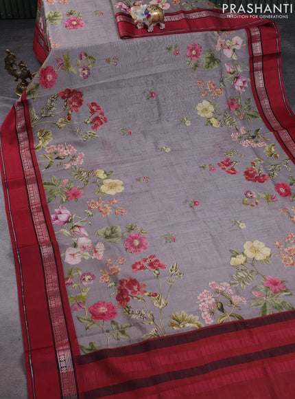 Maheshwari silk cotton saree grey and maroon with allover floral digital prints and rettapet thread woven border