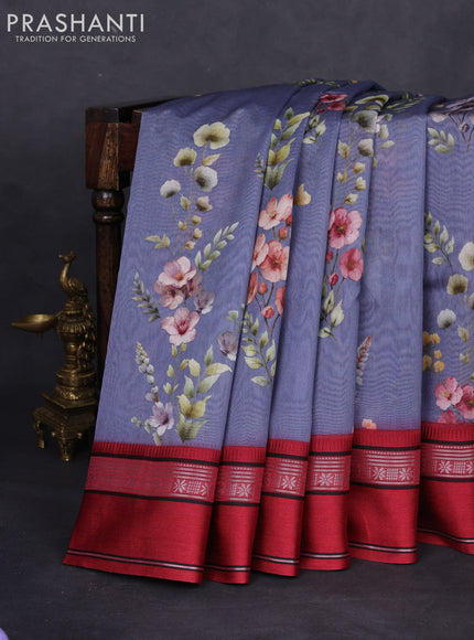 Maheshwari silk cotton saree grey and maroon with allover floral digital prints and rettapet thread woven border