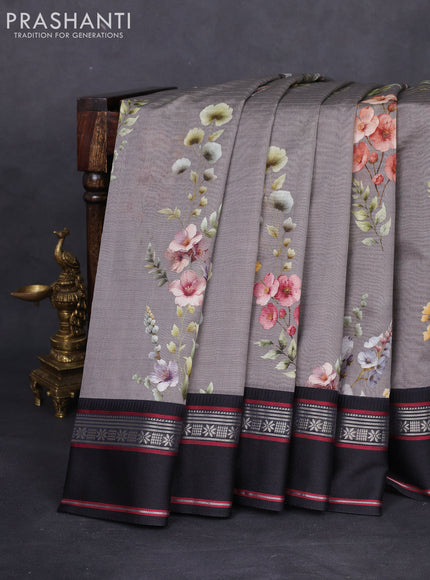 Maheshwari silk cotton saree grey and black with allover floral digital prints and rettapet thread woven border