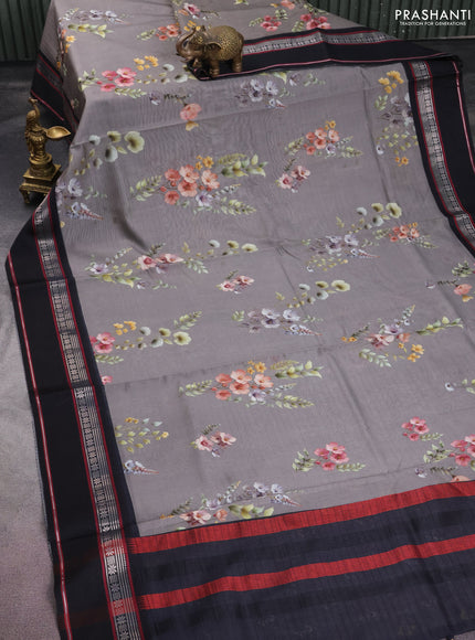 Maheshwari silk cotton saree grey and black with allover floral digital prints and rettapet thread woven border