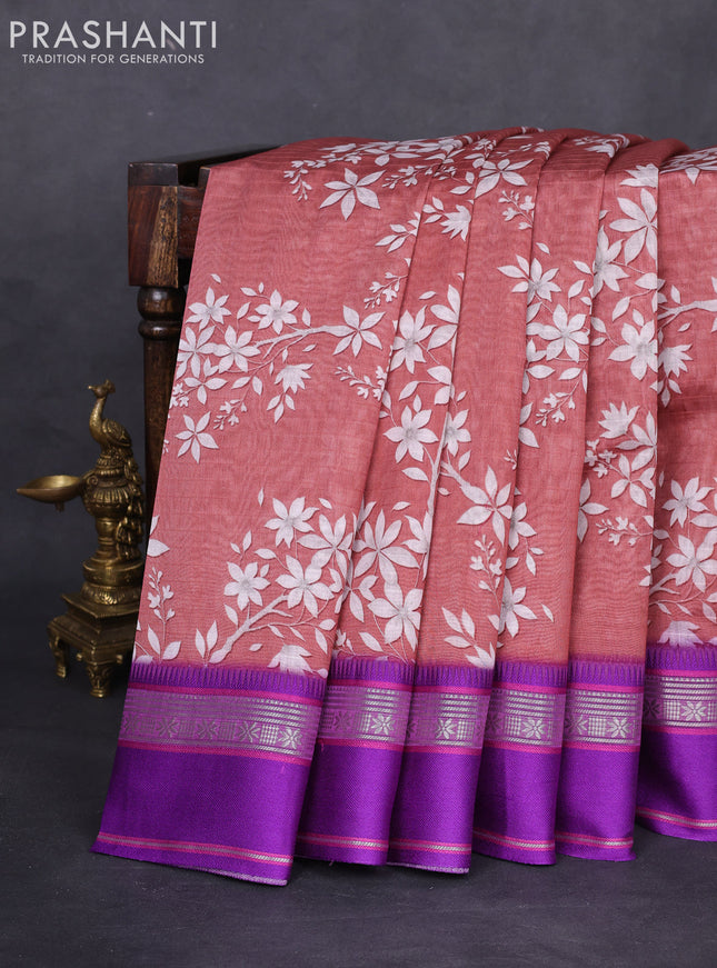 Maheshwari silk cotton saree pastel maroon and purple with allover digital prints and rettapet thread woven border