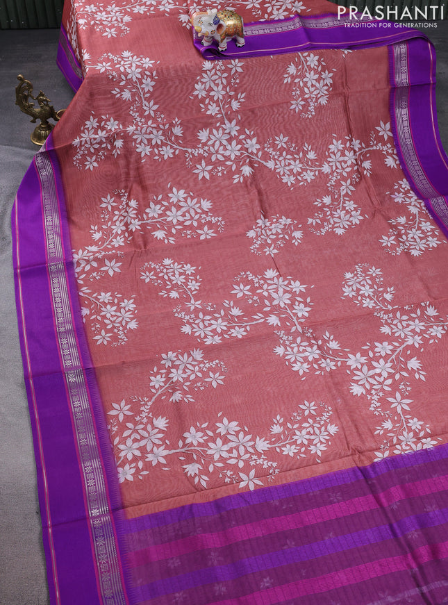 Maheshwari silk cotton saree pastel maroon and purple with allover digital prints and rettapet thread woven border