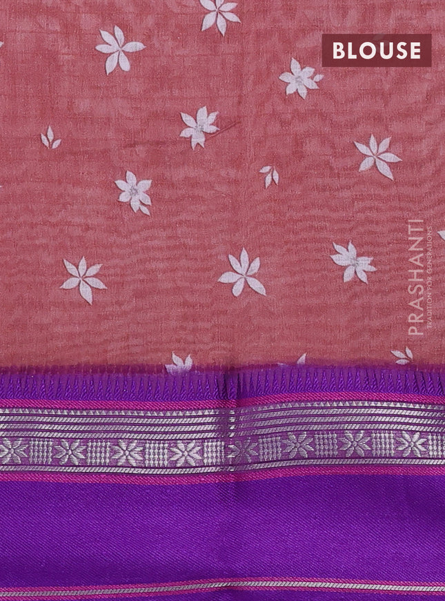 Maheshwari silk cotton saree pastel maroon and purple with allover digital prints and rettapet thread woven border