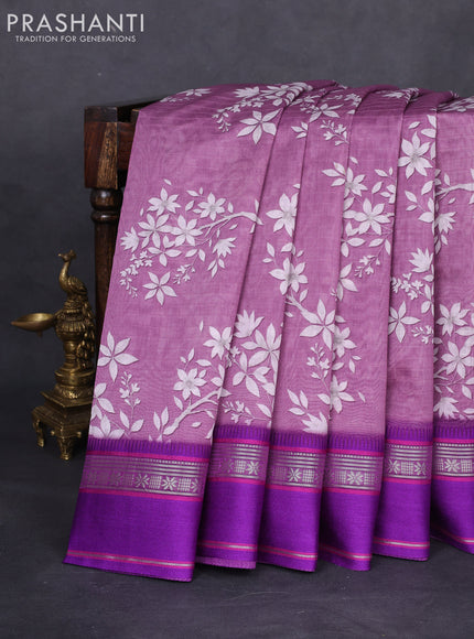 Maheshwari silk cotton saree mauve pink and purple with allover digital prints and rettapet thread woven border