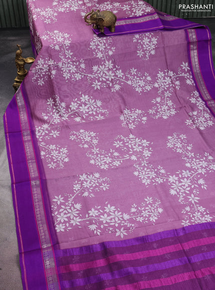 Maheshwari silk cotton saree mauve pink and purple with allover digital prints and rettapet thread woven border