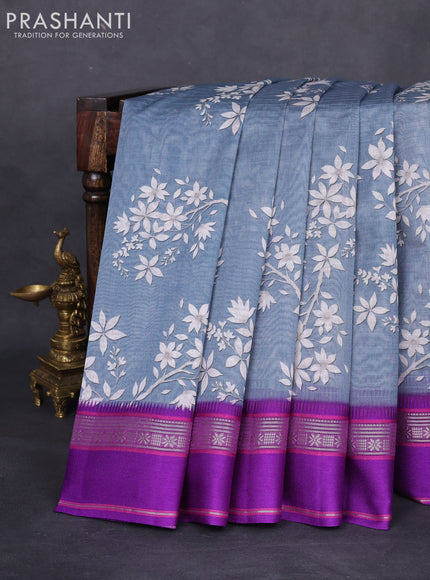Maheshwari silk cotton saree grey and purple with allover digital prints and rettapet thread woven border