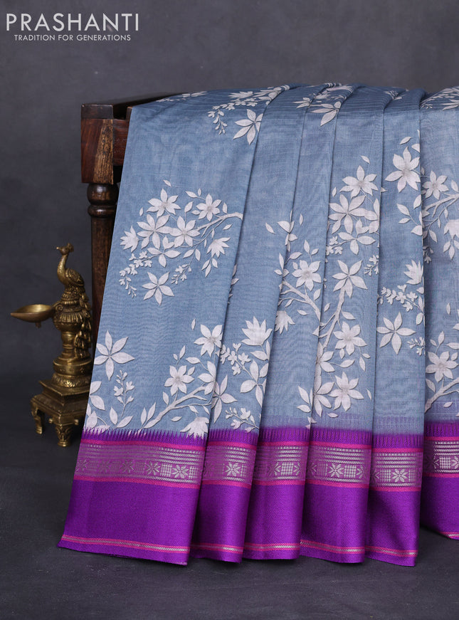 Maheshwari silk cotton saree grey and purple with allover digital prints and rettapet thread woven border