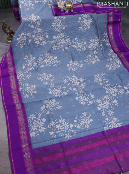 Maheshwari silk cotton saree grey and purple with allover digital prints and rettapet thread woven border