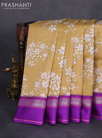 Maheshwari silk cotton saree sandal and purple with allover digital prints and rettapet thread woven border