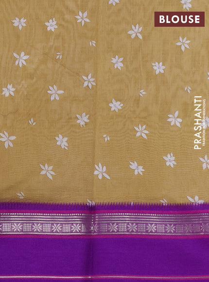 Maheshwari silk cotton saree sandal and purple with allover digital prints and rettapet thread woven border