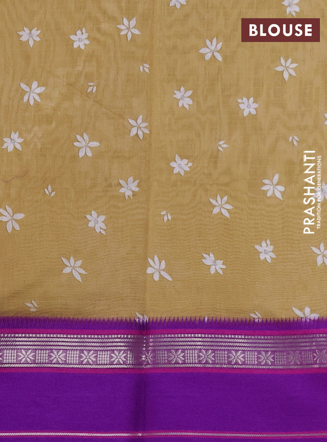 Maheshwari silk cotton saree sandal and purple with allover digital prints and rettapet thread woven border