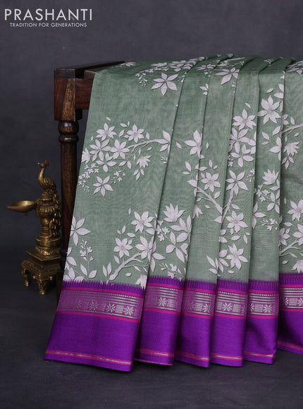 Maheshwari silk cotton saree pastel green and purple with allover digital prints and rettapet thread woven border