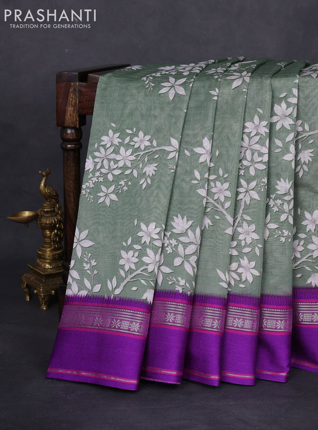 Maheshwari silk cotton saree pastel green and purple with allover digital prints and rettapet thread woven border