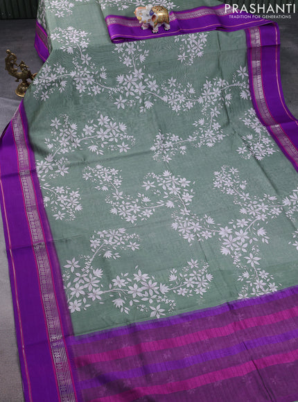Maheshwari silk cotton saree pastel green and purple with allover digital prints and rettapet thread woven border