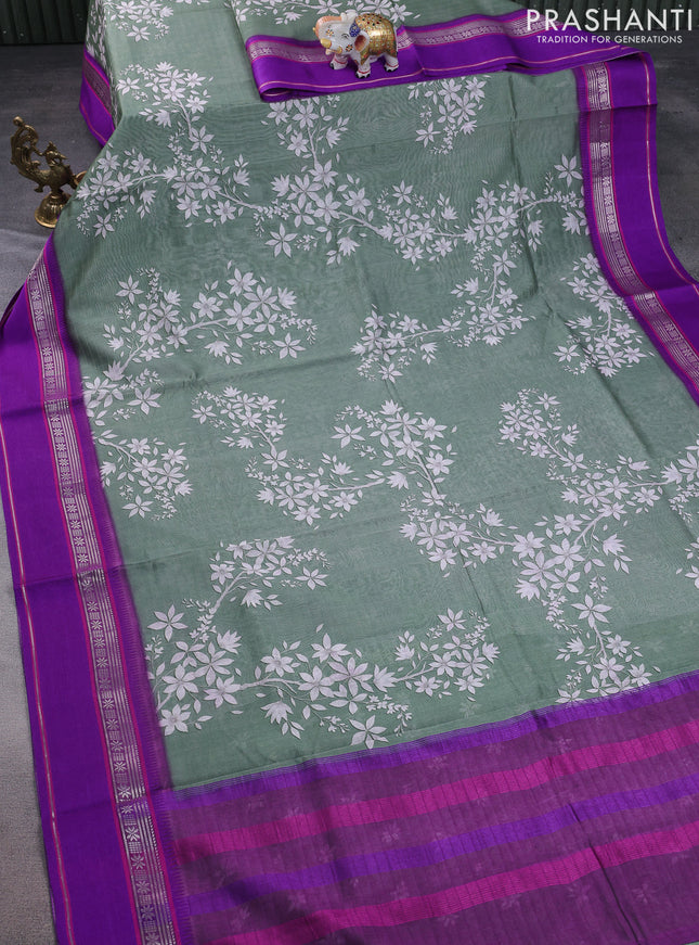 Maheshwari silk cotton saree pastel green and purple with allover digital prints and rettapet thread woven border