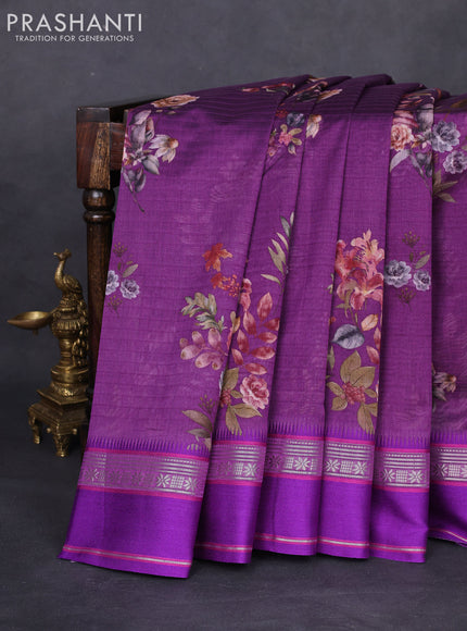 Maheshwari silk cotton saree purple with allover floral digital prints and rettapet thread woven border