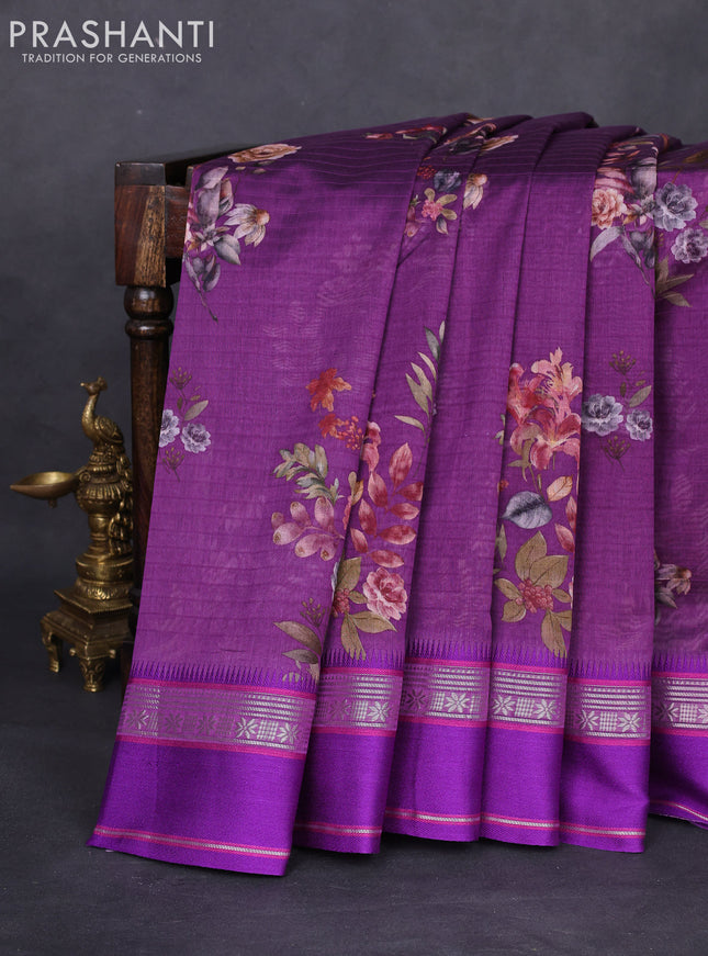 Maheshwari silk cotton saree purple with allover floral digital prints and rettapet thread woven border
