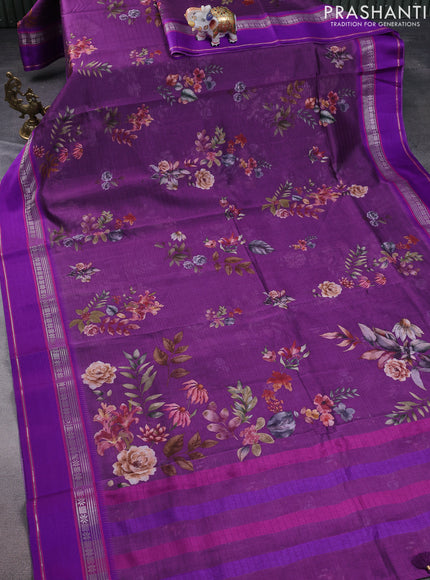 Maheshwari silk cotton saree purple with allover floral digital prints and rettapet thread woven border