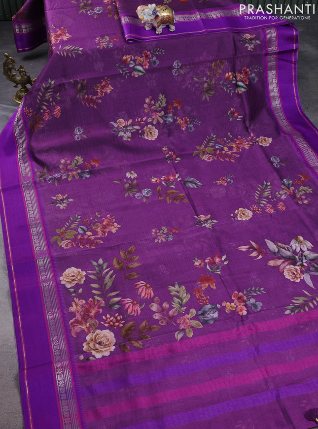 Maheshwari silk cotton saree purple with allover floral digital prints and rettapet thread woven border