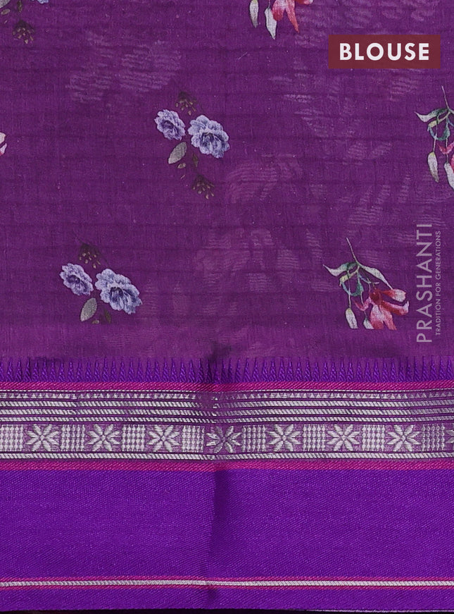 Maheshwari silk cotton saree purple with allover floral digital prints and rettapet thread woven border
