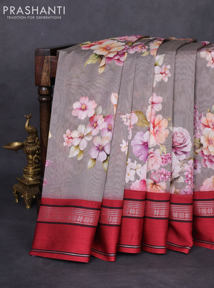 Maheshwari silk cotton saree grey and maroon with allover floral digital prints and rettapet thread woven border