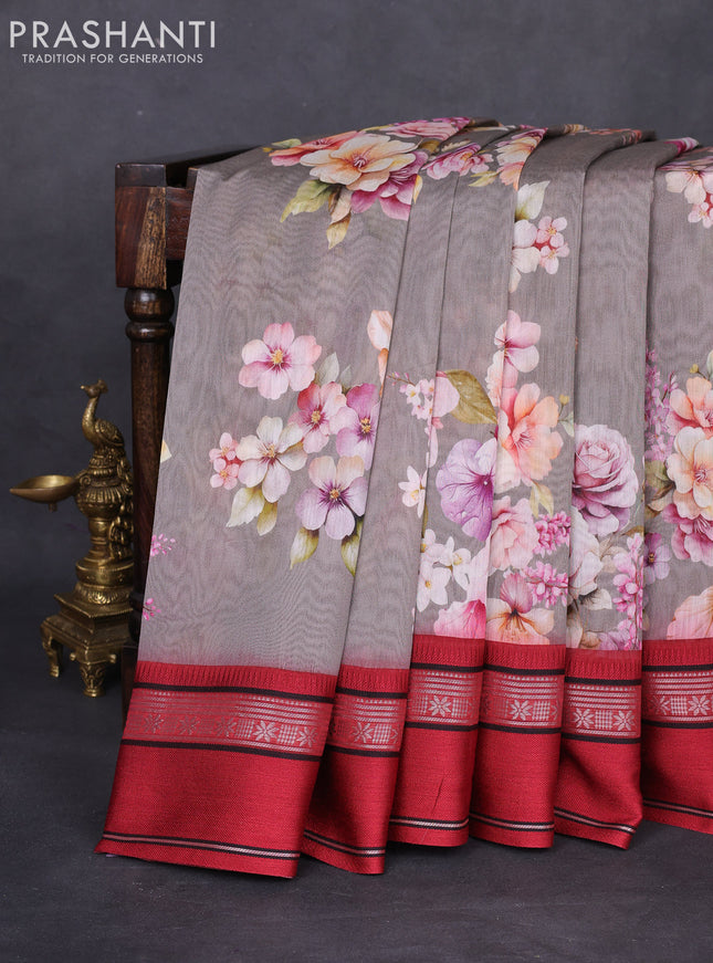 Maheshwari silk cotton saree grey and maroon with allover floral digital prints and rettapet thread woven border
