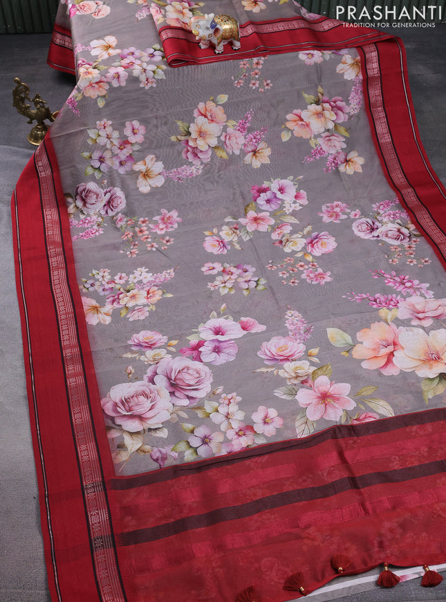 Maheshwari silk cotton saree grey and maroon with allover floral digital prints and rettapet thread woven border