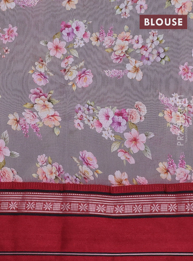 Maheshwari silk cotton saree grey and maroon with allover floral digital prints and rettapet thread woven border