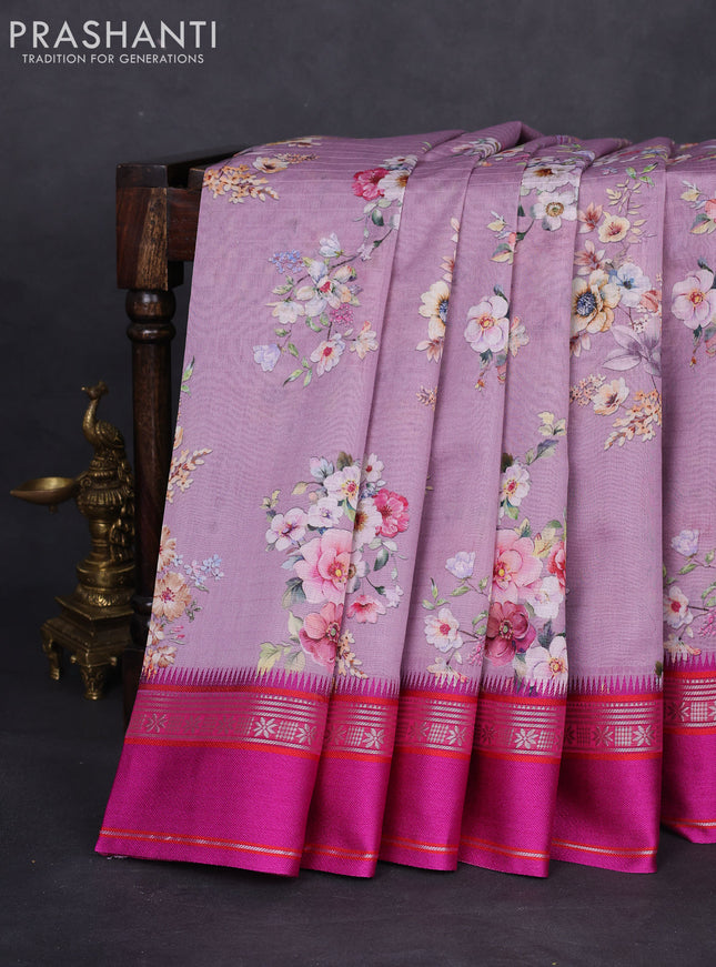 Maheshwari silk cotton saree mild lavender and pink with allover floral digital prints and rettapet thread woven border