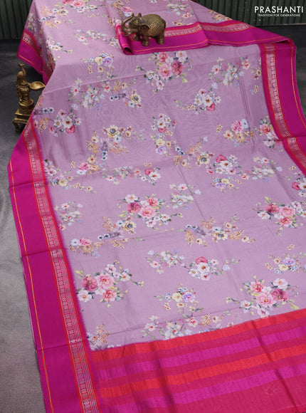 Maheshwari silk cotton saree mild lavender and pink with allover floral digital prints and rettapet thread woven border