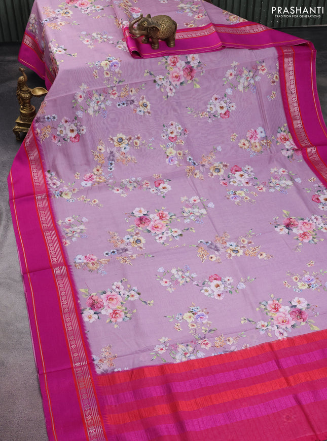 Maheshwari silk cotton saree mild lavender and pink with allover floral digital prints and rettapet thread woven border
