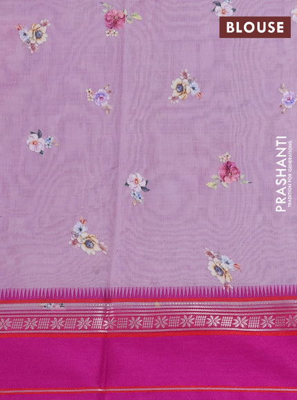 Maheshwari silk cotton saree mild lavender and pink with allover floral digital prints and rettapet thread woven border