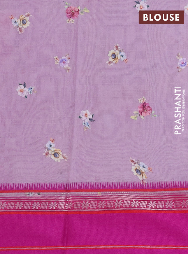 Maheshwari silk cotton saree mild lavender and pink with allover floral digital prints and rettapet thread woven border
