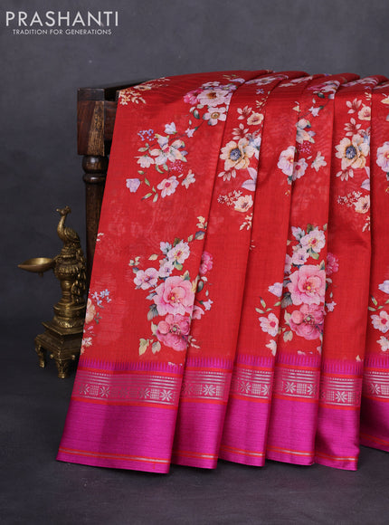 Maheshwari silk cotton saree red and pink with allover floral digital prints and rettapet thread woven border