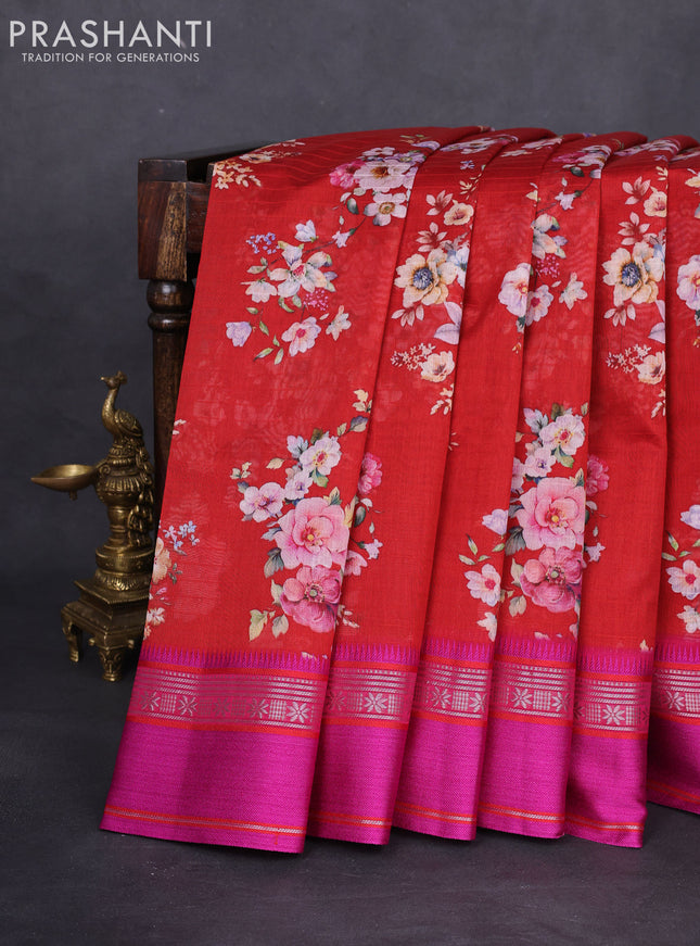 Maheshwari silk cotton saree red and pink with allover floral digital prints and rettapet thread woven border
