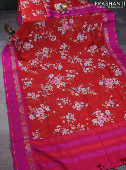 Maheshwari silk cotton saree red and pink with allover floral digital prints and rettapet thread woven border