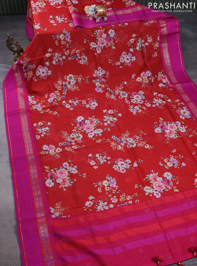 Maheshwari silk cotton saree red and pink with allover floral digital prints and rettapet thread woven border